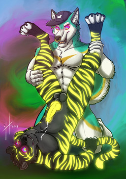 abstract_background anal anal_penetration animal_genitalia animal_penis anthro anthro_on_anthro anthro_penetrated anthro_penetrating anthro_penetrating_anthro black_pawpads blue_body blue_fur bodily_fluids canine_genitalia canine_penis cum cum_on_self drooling duo erection facial_piercing fangs fur genital_fluids genitals glowing glowing_genitalia glowing_penis glowing_stripes grey_body grey_fur hypnotic_eyes kneeling knot male male/male male_anthro male_penetrated male_penetrating male_penetrating_male markings muscular muscular_anthro muscular_male nose_piercing nose_ring nude open_mouth pawpads penetration penile penile_penetration penis penis_in_ass piercing ring_piercing saliva septum_piercing septum_ring sex sheath striped_arms striped_body striped_fur striped_legs striped_markings striped_tail stripes tail tail_markings teeth upside_down white_body white_fur yellow_markings yellow_penis hufnaar canid canine felid mammal pantherine tiger hi_res