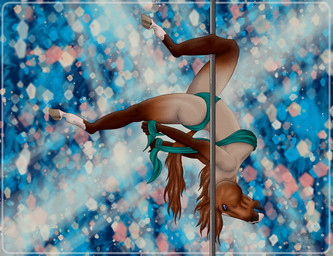 anthro blue_eyes breasts brown_hair brown_tail clothed clothing dancing facial_markings female hair head_markings hooves looking_down markings multicolored_body open_mouth pole pole_dancing skimpy solo tail two_tone_body upside_down dream_merchant equid equine horse mammal 2020 digital_media_(artwork)