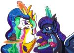 blue_eyes blush cake cherry constellation crown dessert duo eating feathered_wings feathers female food fruit glowing gold_(metal) headgear horn jewelry magic messy messy_eater napkin necklace plant simple_background sparkles white_background wings aurora-chiaro friendship_is_magic hasbro my_little_pony mythology princess_celestia_(mlp) princess_luna_(mlp) equid equine mammal mythological_creature mythological_equine winged_unicorn 2014 sibling_(lore) sister_(lore) sisters_(lore)