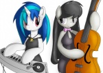 anthro anthrofied black_hair bowed_string_instrument breasts cello cleavage clothed clothing dress duo electronic_musical_instrument electronics female hair horn jewelry long_hair multicolored_hair musical_instrument playing_music purple_eyes red_eyes string_instrument synthesizer two_tone_hair tg-0 friendship_is_magic hasbro my_little_pony mythology octavia_(mlp) vinyl_scratch_(mlp) earth_pony equid equine horse mammal mythological_creature mythological_equine pony unicorn