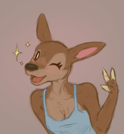 anthro blush breasts cleavage clothed clothing countershading female gesture leaning leaning_forward looking_at_viewer one_eye_closed open_mouth small_breasts smile smiling_at_viewer solo sparkles waving wink winking_at_viewer axentooth animal_crossing nintendo fauna_(animal_crossing) deer mammal bust_portrait portrait