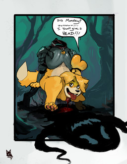 altered_shadow anthro armor blood bodily_fluids bottomless bottomless_anthro bottomless_female clothed clothing collar detachable detachable_head dialogue dipstick_tail female female_anthro fluffy fluffy_tail fur gore headless holding_head holding_own_head humor markings monday pun severed_body_part severed_head shadow solo speech_bubble tail tail_markings text tongue tongue_out yellow_body yellow_fur newd animal_crossing european_mythology irish_mythology mythology nintendo isabelle_(animal_crossing) canid canine canis domestic_dog dullahan mammal shih_tzu toy_dog english_text