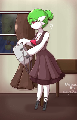 boots clothing detailed_background dress elegant female footwear green_hair hair interrobang jewelry necklace not_furry purse red_eyes shoes solo enrique849 nintendo pokemon ailin_gardevoir gardevoir generation_3_pokemon pokemon_(species) 2021 hi_res signature