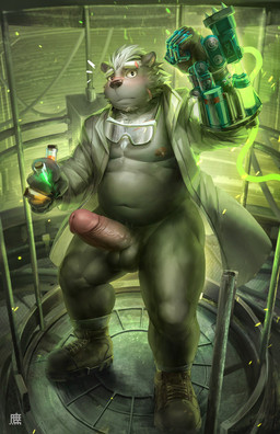 5_fingers anthro balls barazoku bare_chest belly big_penis biped black_nose blush bottomless clothed clothing coat erection eyebrows eyewear facial_scar fingers fist footwear foreskin fur genitals glans goggles grey_body grey_fur hair holding_object humanoid_genitalia humanoid_penis lab_coat legwear looking_at_viewer male musclegut muscular muscular_anthro muscular_male navel nipples open_clothing open_coat open_topwear penis retracted_foreskin scar science scientist shoes socks solo standing thick_penis topwear vein vial white_hair takahirosi bear mammal hi_res