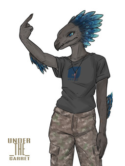 3_fingers anthro arm_feathers arm_tuft beak blue_body blue_eyes blue_feathers bottomwear camo camo_clothing camo_print clothing elbow_feathers elbow_tuft feather_hair feathered_crest feathers female fingers gesture grey_body hand_gesture head_crest jewelry middle_finger necklace pants pattern_clothing pendant pseudo_hair shirt solo standing topwear tuft under_the_garret halo_(series) microsoft xbox_game_studios fan_character k'ryn_hy_t'zek alien avian kig-yar scalie t'vaoan 3:4 colored hi_res