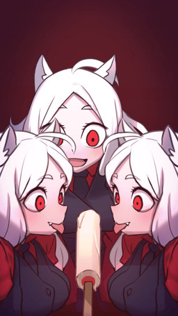 breasts clothed clothing dessert eating female food gradient_background group hair ice_cream open_mouth popsicle red_background red_eyes simple_background smile teeth trio white_hair bergyb helltaker cerberus_(helltaker) animal_humanoid canid canid_humanoid canine canine_humanoid dog_humanoid humanoid mammal mammal_humanoid 2020 2d_animation animated digital_media_(artwork) motion_tweening