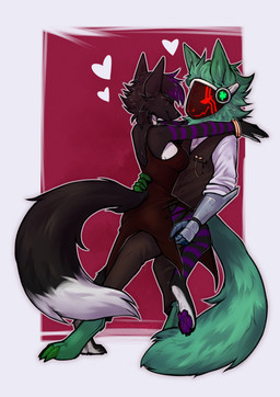 anthro bracelet clothing dancing dress duo eyes_closed fluffy fluffy_tail heart_symbol jewelry machine pawpads romantic romantic_couple simple_background smile striped_arms striped_legs tail lonerdemiurge canid canine fox mammal protogen absurd_res hi_res