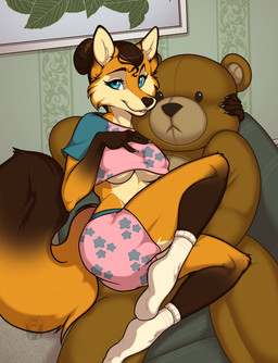 anthro bottomwear breasts clothed clothing female footwear fur hair looking_at_viewer plushie shorts smile socks solo tail topwear under_boob inktiger canid canine fox mammal digital_media_(artwork)
