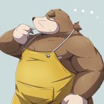 anthro apron belly blush brown_body brown_fur clothing fur kemono male overweight overweight_anthro overweight_male simple_background solo emufu eulipotyphlan mammal mole_(animal) 1:1 2017