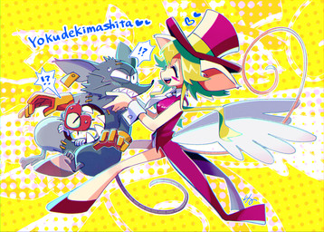angry anthro blush clothing ear_piercing ear_tag group hat headgear headwear heart_symbol hole_(anatomy) interrobang male piercing text top_hat neru mad_rat_dead nippon_ichi_software heart_(mad_rat_dead) mad_rat_(mad_rat_dead) rat_god_(mad_rat_dead) mammal murid murine rat rodent hi_res japanese_text