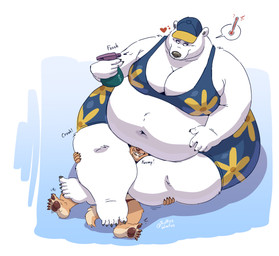 5_fingers 5_toes anthro belly big_belly big_breasts bikini bikini_bottom bikini_top black_nose breasts brown_body brown_fur cleavage clothed clothing duo feet female fingers fur hat head_between_thighs headgear headwear heart_symbol high-angle_view navel obese obese_anthro obese_female overweight overweight_anthro overweight_female pattern_bikini pattern_clothing pattern_swimwear pawpads simple_background smile sound_effects spray_bottle swimwear thick_thighs toes two-piece_swimsuit white_body white_fur wide_hips ruffus_woofus the_adventures_of_courdroy_bear bearimore bear canid canine mammal polar_bear ursine hi_res