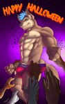 2019 5:8 5_fingers abs anthro areola artist_name athletic athletic_anthro bats_in_background biceps biped blue_hair bulge canid canine canis chest_tuft claws clothed clothing digital_drawing_(artwork) digital_media_(artwork) ear_hair english_text facial_tuft fingers fur genitals grabbing_hands green_eyes hair halloween halloween_theme hi_res holidays khayen lingerie male mammal muscular muscular_anthro muscular_male night nipples partially_clothed pecs raised_arms restrained_arms ryan-wolf signature simple_background smile smirk solo tail teeth text tuft underwear underwear_down underwear_only wolf
