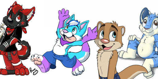 anthro black_clothing black_shirt black_t-shirt black_topwear blue_body blue_bottomwear blue_clothing blue_eyes blue_fur blue_hair blue_pants bottle bottomwear brown_body brown_eyes brown_fur clothed clothing container fangs featureless_crotch fur glistening glistening_eyes grey_body grey_fur grey_hair grin hair head_tuft holding_bottle holding_container holding_object jumping kerchief male markings multicolored_hair neckerchief necktie neckwear nude open_mouth open_smile pants purple_body purple_fur purple_kerchief purple_neckerchief red_bottomwear red_clothing red_eyes red_hair red_kerchief red_markings red_neckerchief red_necktie red_pants running shirt simple_background sitting smile solo star_(marking) striped_arms striped_legs striped_markings striped_tail stripes t-shirt tail tail_markings tan_body tan_fur teeth topless topwear tuft two_tone_hair white_background white_body white_fur white_hair white_markings young young_anthro young_male pandapaco canid canine felid fox mammal mustelid otter pantherine tiger hi_res long_image sketch_page wide_image