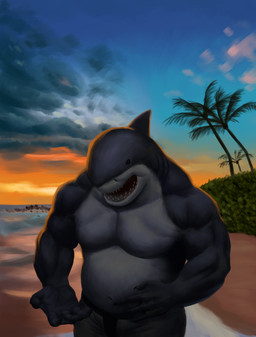 anthro beach beady_eyes belly big_belly blue_sky bottomwear clothed clothing cloud front_view gills grey_body grey_bottomwear grey_clothing grey_pants male male_anthro muscular muscular_anthro muscular_male open_mouth orange_sky outside overweight overweight_anthro overweight_male palm_tree pants pecs plant sharp_teeth sky solo standing teeth topless tree white_body aduran aquatic fish shark absurd_res hi_res