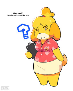 :< anthro barefoot biped blush blush_stickers bottomwear breaking_the_fourth_wall breasts cleavage clipboard clothed clothed_anthro clothed_female clothing dialogue eye_through_hair feet female fur hair holding_clipboard holding_object looking_at_viewer oblivious question_mark simple_background skirt solo standing tail talking_to_viewer text three-quarter_view topwear translucent translucent_hair white_background yellow_body yellow_fur navipal animal_crossing nintendo slightly_curvier_isabelle_mod isabelle_(animal_crossing) canid canine canis domestic_dog mammal shih_tzu toy_dog 2026 4:5 artist_name digital_drawing_(artwork) digital_media_(artwork) english_description english_text full-length_portrait hi_res portrait