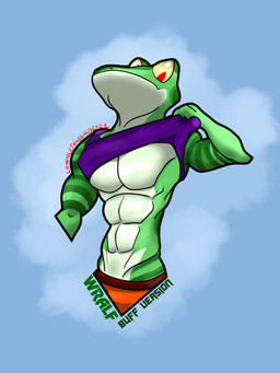 abs anthro clothed clothing countershade_face countershade_torso countershading male markings pecs raised_clothing raised_shirt raised_tank_top raised_topwear red_eyes shirt simple_background solo striped_markings stripes tank_top topwear yellow_sclera lownleinhigh wralf_airrick_rockhold amphibian frog tree_frog 2021 3:4 absurd_res hi_res signature