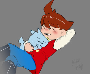 ^_^ ambiguous_gender black_boots black_clothing black_footwear blue_bottomwear blue_clothing blue_pants boots bottomwear clothing cuddling duo eyes_closed feral footwear grey_background male pants red_clothing red_topwear red_vest shoes simple_background sleeping smile topwear vest bravobunny graffiti_kingdom pastel_(graffiti_kingdom) prince_pixel canid canine human mammal hi_res