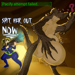 abdominal_bulge ambiguous_gender belly big_belly dialogue duo female female_prey feral feral_pred gameplay_mechanics gun horn human_prey monster_pred ranged_weapon rumbling_stomach text user_interface vault_suit vore weapon dercoomer111 fallout microsoft deathclaw human mammal scalie 1:1 hi_res