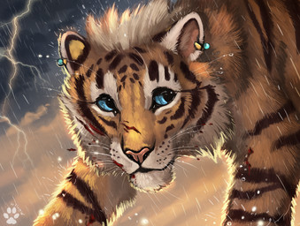 ambiguous_gender black_stripes blue_eyes ear_piercing ear_ring electricity feral fur lightning orange_body orange_fur piercing raining ring_piercing solo striped_body striped_fur stripes whiskers flashw felid mammal pantherine tiger