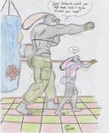 anthro big_breasts bottomwear boxing breasts butt clothed clothing duo facial_markings female fur grey_body hair head_markings male markings motion_lines muscular muscular_female punching_bag speech_bubble sport tail text training dirtyredpaint disney zootopia jack_savage judy_hopps lagomorph leporid mammal rabbit absurd_res english_text hi_res