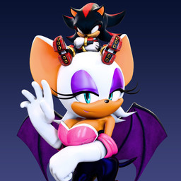 anthro big_breasts black_hair blue_eyes breasts cleavage clothed clothing duo female hair looking_at_viewer male multicolored_hair red_hair smile two_tone_hair white_hair hunicrio sega sonic_the_hedgehog_(series) rouge_the_bat shadow_the_hedgehog bat eulipotyphlan hedgehog mammal 1:1 3d_(artwork) digital_media_(artwork) hi_res