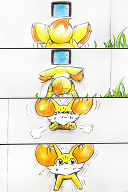 :3 ambiguous_gender ellipsis feral fur grass inner_ear_fluff jumping orange_body orange_eyes orange_fur plant shaking smile solo stuck tail tail_motion tailwag through_wall tuft window yellow_body yellow_fur eiroru nintendo pokemon canid canine fennekin generation_6_pokemon mammal pokemon_(species) comic hi_res