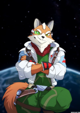anthro biped black_clothing black_fingerless_gloves black_gloves black_handwear black_nose bottomwear brown_body brown_fur cheek_tuft claws clothed clothing cosmic_background countershade_face countershade_fur countershading crossed_arms eyebrows facial_tuft fingerless_gloves front_view fur gloves green_bottomwear green_clothing green_eyes green_pants green_shirt green_topwear handwear holster jacket looking_at_viewer male multicolored_body multicolored_fur neck_tuft pants shirt snaggle_tooth solo space space_background standing step_pose topwear tuft two_tone_body two_tone_fur whiskers white_body white_clothing white_countershading white_fur white_jacket white_topwear arskie198 nintendo star_fox fox_mccloud canid canine fox mammal 2026 hi_res