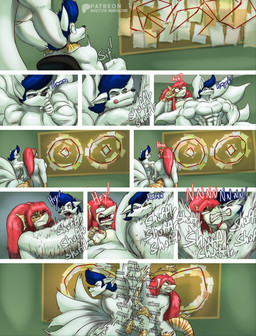 anthro clothing coat conspiracy_board crude_boobs eyewear furries_how_do_they_work? glasses growth infinity_symbol lab_coat multi_tail muscular nude pompadour size_difference slap stripes symbol tail topwear slap_fight muscle_girl aquatic canid canine fish fox mammal requiem_shark shark tiger_shark absurd_res hi_res