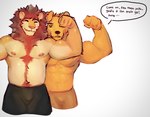 anthro belly biceps body_hair duo flexing glistening glistening_body happy_trail male male/male muscular muscular_male nipples pecs simple_background text white_background nikiervhin bird_dog canid canine canis domestic_dog felid golden_retriever hunting_dog lion mammal pantherine retriever english_text