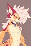 anthro arched_back arm_tuft back_tuft chest_tuft collar femboy fur head_tuft looking_at_viewer male orange_body orange_fur red_body red_eyes red_fur simple_background skinny solo tuft white_body white_fur potatokamaos felid mammal