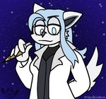 anthro biped blue_eyes blue_hair breasts clothing eyelashes female fur grey_clothing hair holding_object holding_pencil pencil_(object) solo tail white_body white_clothing white_ears white_fur white_tail apollysabyss canid canine fox mammal signature