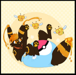 ambiguous_gender antennae_(anatomy) big_diaper black_antennae black_border border brown_body brown_fur brown_tail clean_diaper clothed clothing cloud_emanata collar diaper diaper_puff dotted_background dripping emanata feral food fur group hair honey_(food) huge_diaper markings open_mouth open_smile orange_collar orange_hair orange_nose orange_pawpads orange_stripes pattern_background pawpads pokeball pokeball_diaper pokeball_print simple_background smile striped_ears striped_markings striped_tail stripes tail tail_markings wearing_diaper wings yellow_body jupiters nintendo pokemon cartoon_(sylvertears) combee eeveelution generation_2_pokemon generation_4_pokemon pokemon_(species) umbreon hi_res