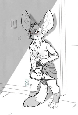 anthro big_ears big_tail biped black_nose blush bodily_fluids bottomwear breasts claws clothed clothing collared_shirt dipstick_tail doorway dress_shirt dripping eyebrows female fingering fingering_self footwear genital_fluids genitals inner_ear_fluff light_switch markings masturbation neck_tuft panties panties_down partially_clothed pubes raised_bottomwear raised_clothing raised_skirt shadow shirt skirt solo standing standing_masturbation sweat sweatdrop tail tail_markings toe_claws toeless_footwear topwear tuft underwear underwear_down vaginal vaginal_fluid_drip vaginal_fluid_string vaginal_fluids vaginal_masturbation vulva wet wet_clothing wet_panties wet_underwear eldstunga heloise_(eldstunga) canid canine fennec_fox fox mammal true_fox 2026 absurd_res digital_media_(artwork) hi_res monochrome signature