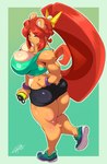anthro big_breasts blush bodily_fluids bra breasts butt clothed clothing eyebrow_through_hair eyebrows eyes_closed female footwear fur hair huge_breasts long_hair ponytail red_hair shoes socks solo sports_bra standing sweat tan_body tan_fur thick_thighs translucent translucent_hair underwear chalo las_lindas ambar bear mammal hi_res signature