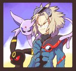 ambiguous_gender black_body black_fur blonde_hair border brown_border carrying_another clothed clothing feral fur group hair male on_shoulder purple_body purple_fur red_sclera smile yellow_eyes inkerton-kun nintendo pokemon pokemon_colosseum wes_(pokemon) eeveelution espeon felid generation_2_pokemon human mammal pokemon_(species) umbreon