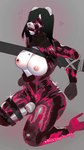 anthro arms_tied bit_gag black_hair blindfold bodysuit bound breasts clothing female footwear fur gag gagged grey_background hair hands_behind_back high_heels kneeling latex latex_bodysuit latex_clothing latex_skinsuit muzzle_(object) muzzle_gag muzzled nipple_piercing nipples piercing sex_toy shoes simple_background skinsuit solo tight_clothing vibrator vibrator_on_pussy wand_vibrator white_body white_fur milkbearbunny bunny_(milkbearbunny) bear mammal