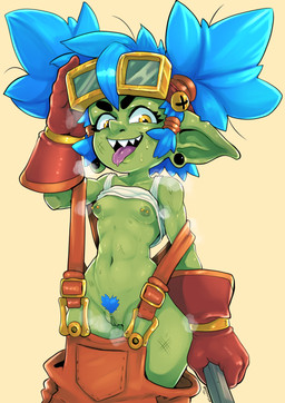 areola belly blue_hair bodily_fluids breasts clothed clothing ear_piercing eyewear eyewear_on_head female gauged_ear genitals gloves goggles goggles_on_head green_body green_skin hair handwear holding_object humanoid_pointy_ears mechanic medium_breasts musk musky_vulva navel nipple_piercing nipples not_furry notched_ear open_mouth open_smile overalls piercing pigtails pointy_ears pointy_nose pubes raised_clothing raised_shirt raised_tank_top raised_topwear sharp_teeth shirt simple_background smile solo sweat sweat_fetish sweaty_armpit sweaty_belly sweaty_body sweaty_breasts tan_background tank_top teeth tied_hair tongue tongue_out topwear vulva yellow_eyes nerdbayne goblin humanoid 2024 absurd_res hi_res signature