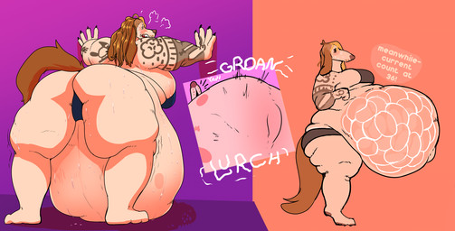 anthro belly big_belly big_breasts big_butt bikini blonde_highlights breasts brown_hair brown_tail butt clothed clothing female fetal_movement fingers fur hair highlights_(coloring) huge_belly huge_breasts hyper hyper_belly hyper_pregnancy internal leaning leaning_forward long_hair onomatopoeia pregnant solo sound_effects standing stretch_marks swimwear tail tan_body tan_fur tattoo text thick_thighs two-piece_swimsuit ritts natey_(ritts) canid canine canis domestic_dog mammal english_text hi_res