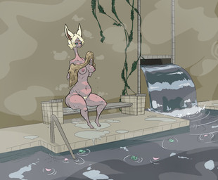 anthro bath bathhouse bathing belly bellyache big_belly bushy female huge_belly long_neck long_torso navel nipples nude overstuffed overweight overweight_female pubes solo steam strained stretch_marks stuffing thick_thighs wide_hips sinfullapis nintendo tears_of_the_kingdom the_legend_of_zelda mineru mammal zonai hi_res