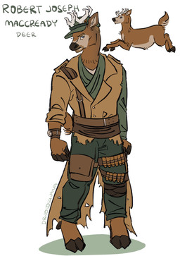 anthro antlers bandolier belt_pouch black_nose brown_body brown_fur clothed clothing fully_clothed fur hooves horn male simple_background solo standing text wearing_hat white_background drvoidiguana fallout microsoft robert_maccready_(fallout) deer mammal artist_name english_text