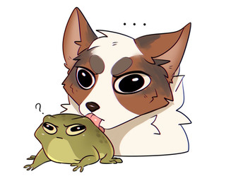 ambiguous_gender brown_body brown_ears brown_fur duo ellipsis feral fur glistening glistening_eyes green_body head_tuft licking licking_another mouth_closed pink_tongue question_mark simple_background tongue tongue_out tuft white_background white_body white_fur bloominglynx amphibian canid canine canis domestic_dog frog mammal