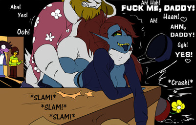 age_difference ambiguous_penetration anthro anthro_on_anthro anthro_penetrated anthro_penetrating anthro_penetrating_anthro asphyxiation beard black_background blonde_hair blue_body bodily_fluids breasts butt caught_in_the_act choking clothing daddy_kink dialogue drooling duo_focus emanata facial_hair fangs female female_on_anthro female_penetrated flower from_behind_position fur furniture group hair half-closed_eyes heart_symbol horn humanoid_on_anthro interspecies long_ears long_hair looking_back looking_pleasured male male/female male_penetrating male_penetrating_female mature_anthro mature_male narrowed_eyes older_male on_table one_eye_closed open_mouth open_smile penetration plant plant_pot ponytail profanity purple_body saliva sex sharp_teeth shocked simple_background slightly_chubby slightly_chubby_male smile table teeth text tongue tongue_out white_body white_fur yellow_body haaru swindle94 third-party_edit deltarune undertale undertale_(series) asgore_dreemurr kris_dreemurr susie_(deltarune) undyne boss_monster_(undertale) bovid caprine fish human humanoid lizard mammal marine reptile scalie 2019 colored english_text