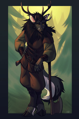 anthro antlers axe clothed clothing fluffy forest hooves horn leaning_on_object leather leather_clothing lumberjack male melee_weapon plant solo tree tusks weapon necroizu deer mammal 2022 hi_res sketch