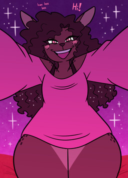 ambiguous_gender anthro blush blush_lines blushing_at_viewer bra brown_body brown_hair clothing eyebrows giggling greeting hair heart_symbol long_sleeve_shirt looking_at_viewer open_mouth open_smile pink_clothing pink_eyes pink_shirt pink_topwear reaching_towards_viewer shirt smile solo star topwear underwear white_sclera nerdyreindeer deer mammal 2025 hi_res