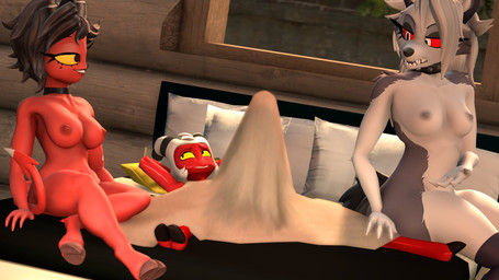 anthro areola bed bed_sheet bedding black_hair breasts female fur furniture group hair hands_behind_head hooves horn lying male navel nipples nude on_back on_bed pillow red_body red_sclera sitting smile tail teeth tenting trio white_body white_fur white_hair sarah_dellen hellaverse helluva_boss mythology loona_(helluva_boss) millie_(helluva_boss) moxxie_(helluva_boss) canid canid_demon canine demon hellhound humanoid imp mammal mythological_canine mythological_creature 16:9 3d_(artwork) digital_media_(artwork) hi_res source_filmmaker_(artwork) widescreen