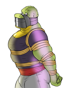 anthro bdsm bondage bound clothed clothing duct_tape gag gagged male muscular muscular_anthro muscular_male muzzle_(object) muzzled restraints rope rope_bondage simple_background solo submissive submissive_male tape tape_gag tape_muzzle white_background bondagefanart crocodile crocodilian reptile scalie digital_drawing_(artwork) digital_media_(artwork) hi_res