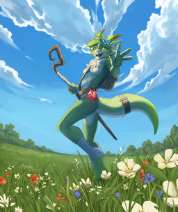 2_horns 4_ears 4_fingers accessory anthro backpack backpack_only belt belt_only biped breasts casual_nudity chest_tuft claws cloud countershade_ears countershade_face countershade_fur countershade_legs countershade_neck countershade_tail countershade_thighs countershade_torso countershading day detailed_background digitigrade featureless_breasts feet female field finger_claws fingers flower flower_in_hair fur furgonomics grass green_body green_fur hair hair_accessory holding_object horn leg_wraps looking_at_viewer multi_ear nude outside paws plains plant potion side_view sky skyscape snout solo staff standing tail tail_accessory tail_belt tan_body tan_countershading tan_fur tapering_tail toe_claws toes tuft walking white_body white_fur wraps yellow_eyes blacku-draws legend_of_ahya mythology kanya_the_drakkonid_(darkflamewolf) dragon furred_dragon furred_scalie mythological_creature mythological_scalie scalie full-length_portrait hi_res portrait
