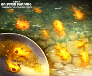 ambiguous_gender black_eyes feral gold_(metal) goldpan group humor pun scales swimming text visual_pun water yellow_body yellow_scales piper_thibodeau aquatic cyprinid cypriniform fish goldfish digital_media_(artwork) digital_painting_(artwork) painting_(artwork) url