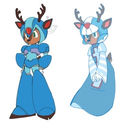 alternate_form anthro anthrofied antlers armor black_nose blue_armor blue_clothing blue_robe brown_body brown_fur closed_frown closed_smile clothing ear_wiggling emanata floating frown fur furgonomic_headwear furgonomic_helmet furgonomics gem green_eyes hands_on_hips hands_together headgear helmet hooves horn legless long_sleeves male male_anthro mouth_closed pink_inner_ear red_inner_ear robe robot_legs robotic_arm scut_tail short_tail simple_background smile snout solo standing tail tail_motion tailwag white_background rurruco009 capcom mega_man_(series) mega_man_x_(series) mega_man_zero mega_man_x_(character) cyber_elf deer mammal robot_anthro 1:1 2026 hi_res
