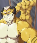 anthro back_muscles beard big_muscles black_horn black_nipples black_nose brown_eyes butt facial_hair fur grin hair horn huge_muscles looking_at_viewer male mirror muscular muscular_anthro muscular_male nipples nude selfie smile tattoo white_hair yellow_body yellow_fur gojho volt_(muscleramvolt) bovid caprine mammal 2019 absurd_res hi_res